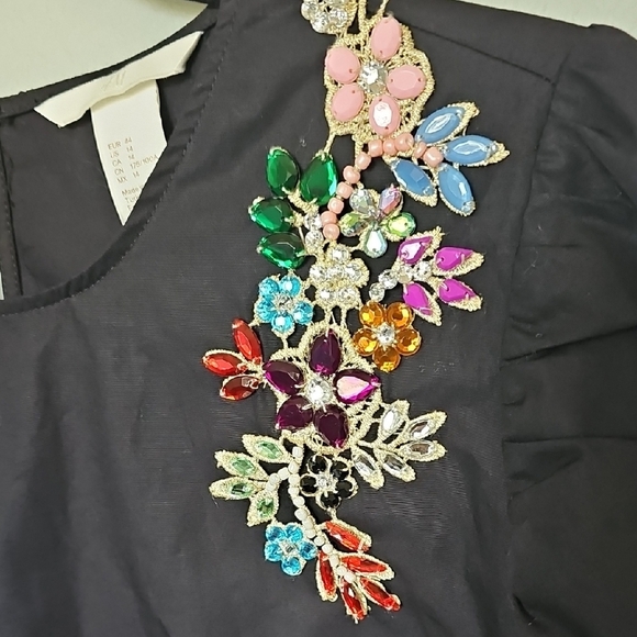 H&M Jeweled Gem embellished Black L/S Romantic Blouse NWT Size 14 - Picture 2 of 9